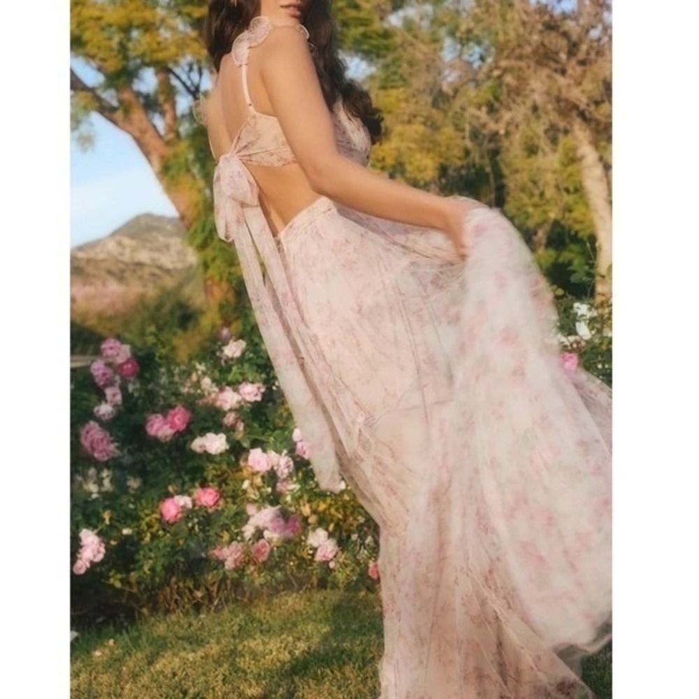 NWT Lulus Ethereal Love Blush Floral Pleated Tiered Tie-Back Maxi Dress Medium - Picture 2 of 12